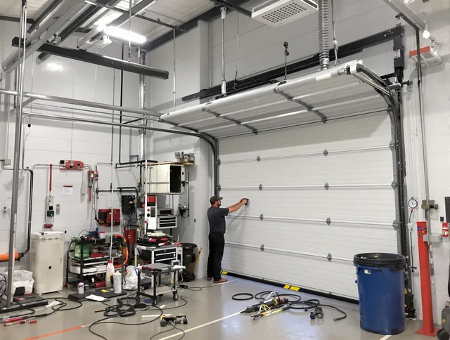 Southington Garage Door Repair certified technician performing commercial door repair at a Southington business facility