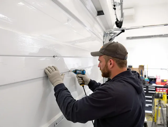Southington Garage Door Repair technician demonstrating precision dent removal techniques on a Southington garage door