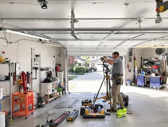 Southington Garage Door Repair specialist performing laser-guided track alignment in Southington